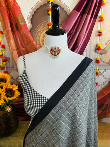 Ready To Wear Saree Blouse | Handwoven Cotton | Size 34 | Black and White Checks | Sphagetti Strap | Free Shipping | Ships from California
